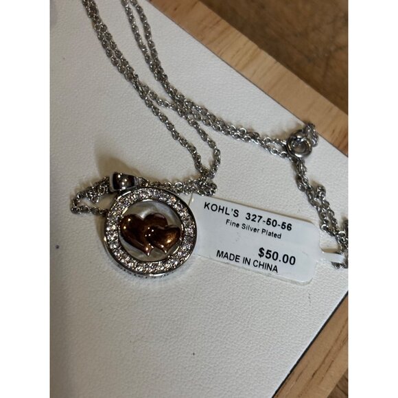 Fine Silver Plated Heart Pendant Necklace With Two-Tone Design & Crystal Accents - Picture 6 of 11